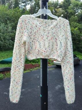 Cream Multicolor Rainbow Speckled Cropped Knit Sweater - Boho Vibe